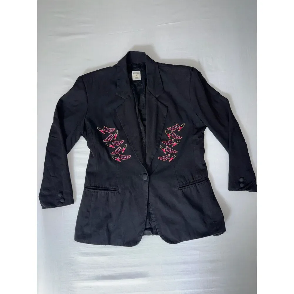 Vintage Black Blazer | Statement High-Heel Embroidery | Size Medium